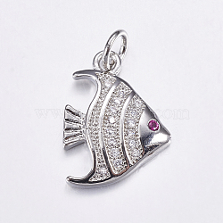 Brass Micro Pave Cubic Zirconia Pendants, Long-Lasting Plated, Real Platinum Plated, Fish, 17x12x3mm, Hole: 3mm(X-ZIRC-G125-77P)