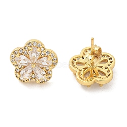 Rack Plating Brass Micro Pave Clear Cubic Zirconia Stud Earrings, Long-Lasting Plated, Lead Free & Cadmium Free, Flower, Real 18K Gold Plated, 15.5x13mm(EJEW-H149-01G)