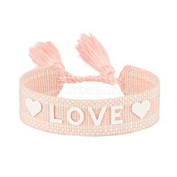 Silicone Word Love Pattern Braided Cord Bracelet with Polyester Tassels, Flat Adjustable Bracelet for Women, Misty Rose, Inner Diameter: 5-7/8~9-1/2 inch(15~24cm)(VALE-PW0001-032C)