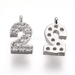 Brass Micro Pave Clear Cubic Zirconia Charms, Number, Platinum, Num.2, 9.5~10x4~6.5x2mm, Hole: 0.8mm(ZIRC-L075-60A-02P)