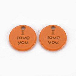 Spray Painted Alloy Charms for Valentine's Day, Cadmium Free & Lead Free, Flat Round with Phrase I Love You, Chocolate, 13x13x1.5mm, Hole: 1.6mm(PALLOY-Q433-027F-RS)