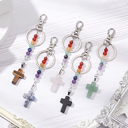 Gemstone Cross Keychain, with Iron Split Key Rings, Alloy Swivel Lobster Claw Clasps, 93mm(KEYC-JKC01040-01)