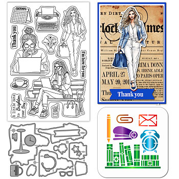 Woman Theme DIY Scrapbooking Tool Sets, including 1Pc Carbon Steel Cutting Dies Stencils, 1Pc PET Painting Stencils and 1Pc PVC Plastic Clear Stamps, Mixed Shapes