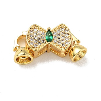 Rack Plating Brass Micro Pave Clear & Green Cubic Zirconia Fold Over Clasps, Cadmium Free & Lead Free, Long-Lasting Plated, Bowknot, Golden, Bowknot: 10x15.5mm, Clasp: 11x7mm, Inner Diameter: 4.1mm