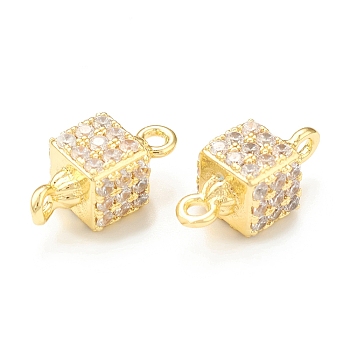 Brass Micro Pave Clear Cubic Zirconia Connector Charms, Cube Links, Real 18K Gold Plated, 13.5x7x6mm, Hole: 1.4mm