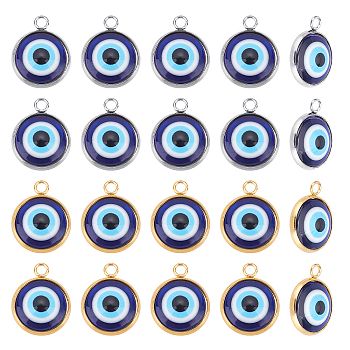 20Pcs 2 Colors Resin Pendants, with 304 Stainlesss Steel Settings, Black & Blue Evil Eye, Golden & Stainless Steel Color, 19.5x16x5.5mm, Hole: 2.4mm, 10pcs/color