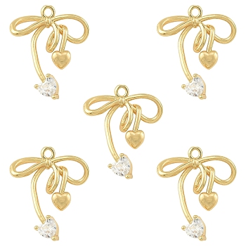5Pcs Brass Micro Pave Clear Cubic Zirconia Pendants, Cadmium Free & Nickel Free & Lead Free, Bowknot, Real 18K Gold Plated, 24.5x20x4mm, Hole: 1.6mm