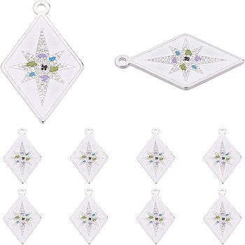 Nbeads 10Pcs 304 Stainless Steel Pendants, with Enamel, Stainless Steel Color, Rhombus with 8 Pointed Star, White, 25x14.5x1mm, Hole: 1.2mm