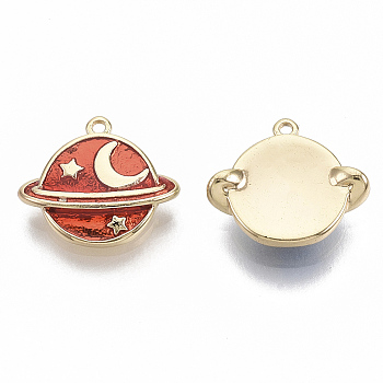Real 18K Gold Plated Brass Enamel Charms, Nickel Free, Satellite, Red, 11x13x2.5mm, Hole: 0.9mm