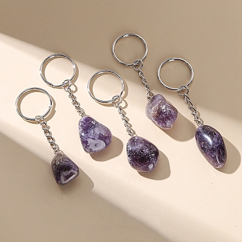 Natural Amethyst Tumbled Stone Keychain, Nuggets, 85~95mm