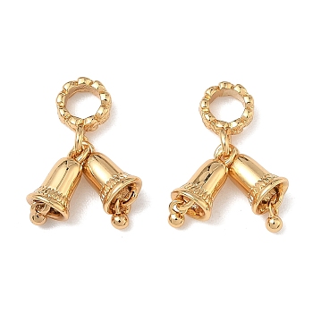 Brass Double Christmas Bell European Dangle Charms, Large Hole Pendants, Real 18K Gold Plated, 19.5mm, Hole: 4.5mm