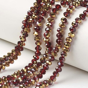 Electroplate Transparent Glass Beads Strands, Half Golden Plated, Faceted, Rondelle, Dark Red, 6x5mm, Hole: 1mm, about 85~88pcs/strand, 16.1~16.5 inch(41~42cm)