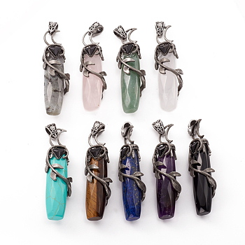 Natural & Synthetic Mixed Gemstone Big Pendants, with Antique Silver Plated Brass Pendant Bails and Black Glass, Faceted, Column with Branch, 57~58x15~16x11~12mm, Hole: 6x4mm