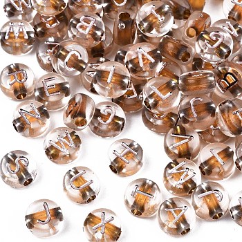 Transparent Sienna Acrylic Beads, Metal Enlaced, Horizontal Hole, Flat Round with White Random Letter, 7x4mm, Hole: 1.8mm, about 3600~3700pcs/500g