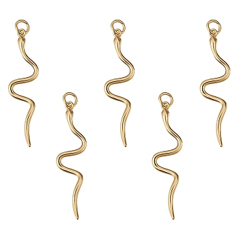 5Pcs Brass Micro Pave Cubic Zirconia Pendants, for DIY Jewelry Making, with Jump Rings, Snake, Clear, Golden, 39.5x9~10.5x2.5mm, Hole: 2.5mm