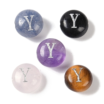 Natural Mixed Gemstone Beads, Flat Round with Letter, Letter Y, 8.5~9x5~5.5mm, Hole: 1.2mm