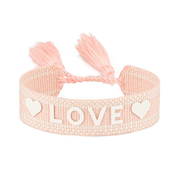 Silicone Word Love Pattern Braided Cord Bracelet with Polyester Tassels, Flat Adjustable Bracelet for Women, Misty Rose, Inner Diameter: 5-7/8~9-1/2 inch(15~24cm)