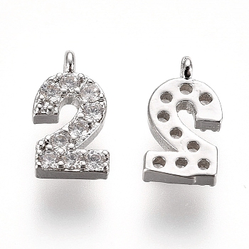 Brass Micro Pave Clear Cubic Zirconia Charms, Number, Platinum, Num.2, 9.5~10x4~6.5x2mm, Hole: 0.8mm