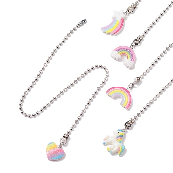 Resin Ceiling Fan Pull Chain Extenders, with Iron Ball Chains, Rainbow & Unicorn & Star & Heart, Mixed Shapes, 332~342mm, Pendant: 17~31.5x18.5~26.5x3.5~5mm