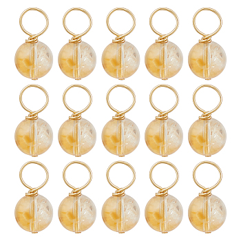 FINGERINSPIRE 16Pcs Natural Citrine Pendants, Round Charms with Golden Tone 304 Stainless Steel Loops, 16x8mm, Hole: 5mm