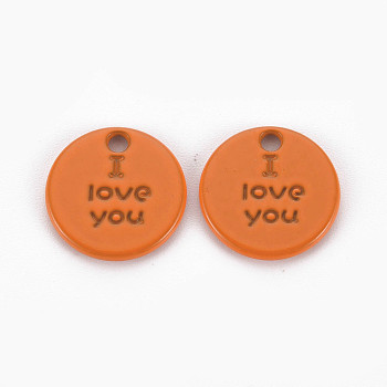 Spray Painted Alloy Charms for Valentine's Day, Cadmium Free & Lead Free, Flat Round with Phrase I Love You, Chocolate, 13x13x1.5mm, Hole: 1.6mm