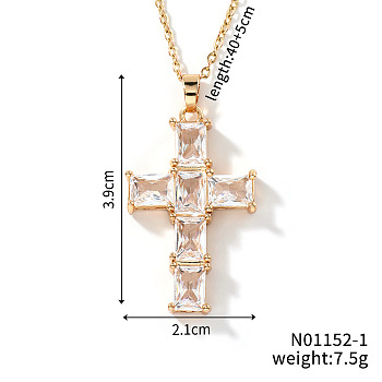 Brass Shiny Clear Cubic Zirconia Cross Pendant Necklaces Fashionable and Versatile, Golden, 15.75 inch(40cm)