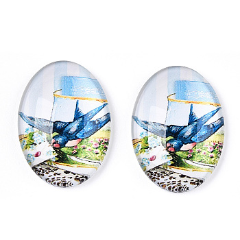 Glass Cabochons, with European Style Pattern, Oval, Dodger Blue, 25x18x6mm