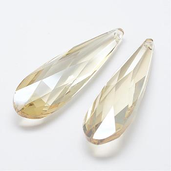 Faceted Teardrop Glass Pendants, Briolette Cut, Lemon Chiffon, 76.5x22x18mm, Hole: 1mm