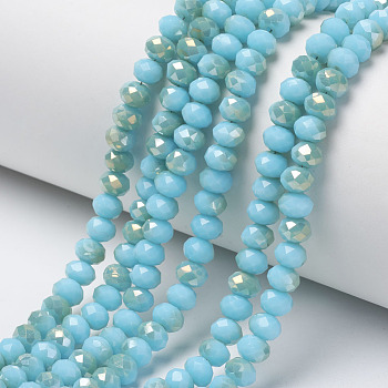 Electroplate Opaque Glass Beads Strands, Half Rainbow Plated, Faceted, Rondelle, Cyan, 3x2mm, Hole: 0.8mm, about 165~169pcs/strand, 15~16 inch(38~40cm)