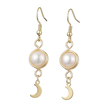 Natural Cultured Freshwater Pearl Dangle Earrings, Stainless Steel with Brass Charms, Moon, 50x10.5mm