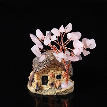 Natural Rose Quartz Chips Tree Decorations, Resin House Base with Copper Wire Feng Shui Energy Stone Gift for Home Office Desktop Ornament, 40x60mm