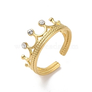 304 Stainless Steel Rhinestone Cuff Rings, Crown, Real 18K Gold Plated, Adjustable(RJEW-M171-30G)