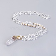 Natural Quartz Crystal Pendant Necklaces, with Pearl and Brass Findings, Bullet, 31.5 inch~32.3 inch(80~82cm), Pendant: 45~55x15x10mm(NJEW-I220-01)