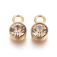 Glass Rhinestone Charms, November Birthstone Charms, with Golden Tone 201 Stainless Steel Findings, Flat Round, Lt.Col.Topaz, 10x6x4mm, Hole: 2.3mm(STAS-F189-B10)
