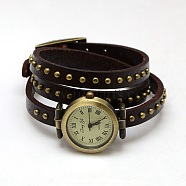 Fashionable Wrap Style Leather Roman Numeral watch Bracelets, with Antique Bronze Alloy Watch Dial, Coconut Brown, 610x8x5mm(WACH-M054-06)