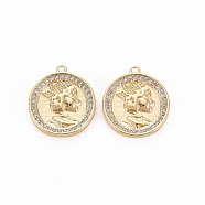 Brass Micro Pave Clear Cubic Zirconia Pendants, Nickel Free, Flat Round with Woman, Real 18K Gold Plated, 16x14x2mm, Hole: 1.2mm(KK-S364-080)