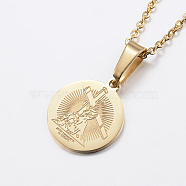 304 Stainless Steel Pendant Necklaces, For Easter, Flat Round with Jesus and Cross, Golden, 17.7 inch(45cm), 1.5mm(NJEW-J053-02G)