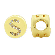 Brass Micro Pave Clear Cubic Zirconia Beads, Flat Round with Letter, Letter.S, 7.5x6.5mm, Hole: 3.5mm, 3pcs/bag(KK-T030-LA843-SX3)