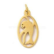 Vacuum Plating 201 Stainless Steel Pendants, with Jump Rings, Laser Cut, Oval with Dolphin Charm, Real 18K Gold Plated, 20x10.5x1mm, Hole: 3mm(STAS-E217-40G)