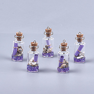 Glass Wishing Bottle Pendant Decorations, with Resin & Paper & Shell, with Cork Stopper and Iron Findings, Medium Purple, 40~42x16mm, Hole: 2mm(GLAA-S181-02A)