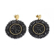 Handmade Woven Glass Beads Dangle Stud Earrings, with 304 Stainless Steel Findings and Ear Nuts/Earring Back, Flat Round, Golden, Black, 57mm, Pin: 0.6mm(EJEW-F235-I04)