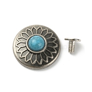 Alloy Buttons, with Synthetic Turquoise and Iron Screws, for Purse, Bags, Leather Crafts Decoration, Flat Round with Flower Pattern, Light Sky Blue, 20x6.7mm, Hole: 2.5mm(FIND-TAC0017-12AS-03)