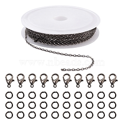 DIY 3m Brass Cable Chain Jewelry Making Kit, with 30Pcs Iron Open Jump Rings with 10Pcs Zinc Alloy Lobster Claw Clasps, Gunmetal, Chain Link: 2x1.8x0.2mm(DIY-YW0005-75B)