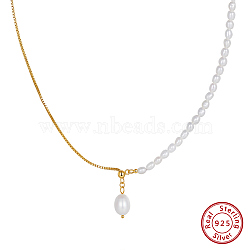 925 Sterling Silver with Natural Pearl Pendant Necklaces, Oval, Real 14K Gold Plated, 18.70 inch(47.5cm)(NJEW-Z030-03G)