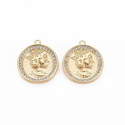 Brass Micro Pave Clear Cubic Zirconia Pendants, Nickel Free, Flat Round with Woman, Real 18K Gold Plated, 16x14x2mm, Hole: 1.2mm(KK-S364-080)