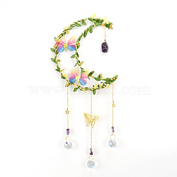 Crystals Moon Chakra Hanging Pendants Decoration, with Natural Amethyst Chips and Brass Findings, for Home, Garden Decoration, 500mm(PW-WG28979-03)