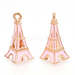 Alloy Enamel Pendants, Cadmium Free & Lead Free, Light Gold, Eiffel Tower Charms, Pink, 23x14.5x14.5mm, Hole: 1.6mm(ENAM-N056-400C)