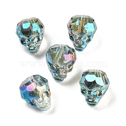 Electroplate Transparent Handmade Lampwork Beads, Faceted Skull, Cyan, 15~15.5x13~13.5x14~14.5mm, Hole: 1.6mm, 5pcs/bag(LAMP-K038-01C)