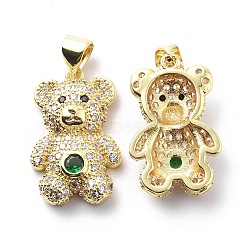 Brass Cubic Zirconia Pendants, Bear Charm, Real 18K Gold Plated, Dark Green, 21.5x13.5x5.5mm, Hole: 3.5x4.5mm(KK-G446-26G-03)