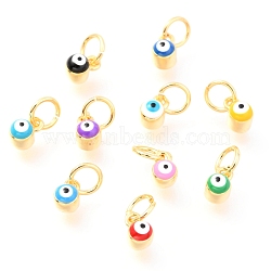 Brass Enamel Pendants, Long-Lasting Plated, Real 18K Gold Plated, with Jump Rings, Column with Evil Eye, Mixed Color, 5x3.5x4.5mm,Jump Ring: 5x0.6mm, 3mm inner diameter.(KK-Y001-02C-G)